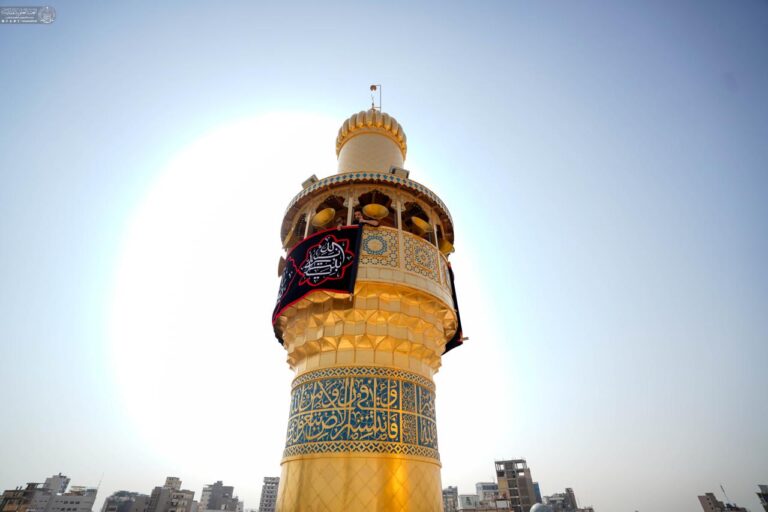 Black mourning banners installed at the sacred Alawi shrine on the eve of the martyrdom anniversary of Lady Fatimah