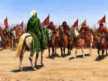 Illustration of Amir al-Muminin speaking with Talha and Zubayr on the battlefield before the Battle of Jamal